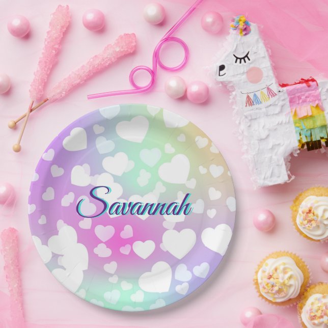 Pastel Falling Hearts Personalized      Paper Plates (Party)