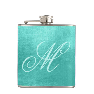 Pastel Fancy Monogram Shiny Turquoise Foil Flask