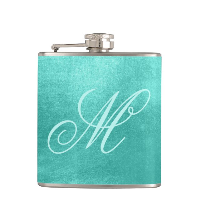 Pastel Fancy Monogram Shiny Turquoise Foil Flask (Front)