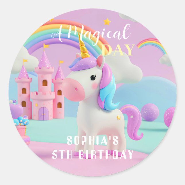 Pastel Fantasy Unicorn Birthday Classic Round Sticker (Front)