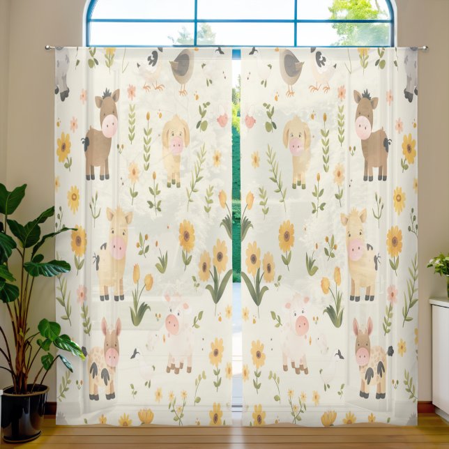 Pastel farm animals and flowers sheer curtains (Living Room)