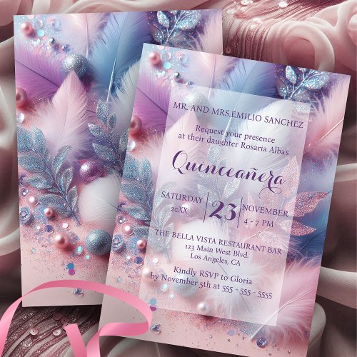 Pastel Feathers Pearls Glitter Leaves Quinceaera Invitation