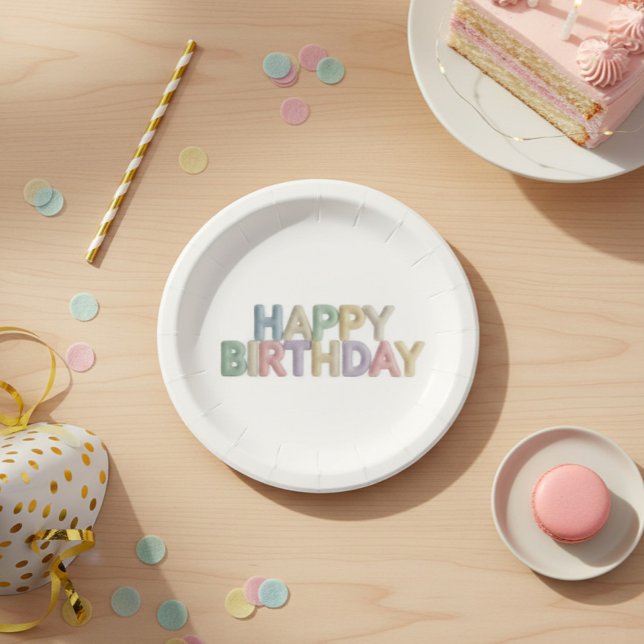  Pastel Felt Letters Happy Birthday Paper Plates (Creator Uploaded)