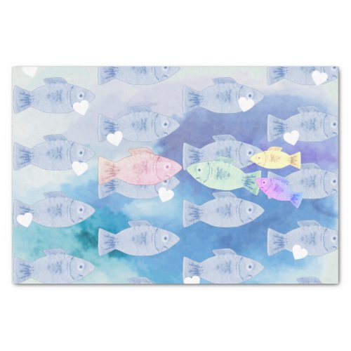 Pastel fish family hearts blue watercolor dreamy  tissue paper