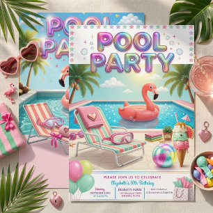 Pastel Flamingo Girl 10th Birthday Pool Party  Invitation