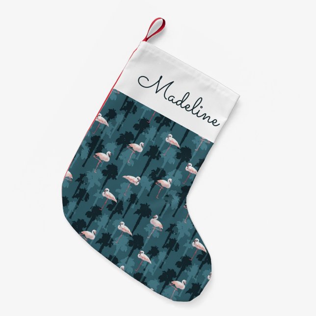 Pastel Flamingos On Teal | Add Your Name Small Christmas Stocking (Front (Hanging))