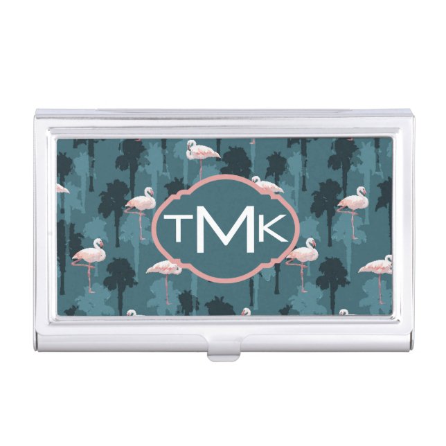 Pastel Flamingos On Teal | Monogram Case For Business Cards (Front)