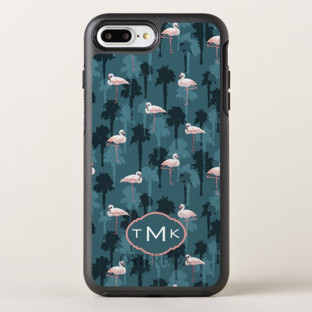 Pastel Flamingos On Teal | Monogram Otterbox iPhone Case (Back)