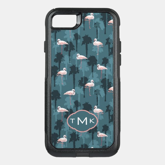 Pastel Flamingos On Teal | Monogram Otterbox iPhone Case (Back)
