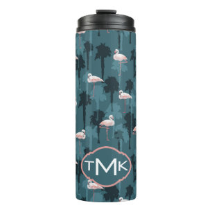 Pastel Flamingos On Teal   Monogram Thermal Tumbler