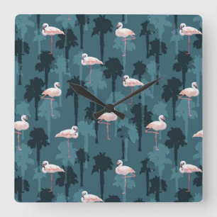 Pastel Flamingos On Teal Square Wall Clock