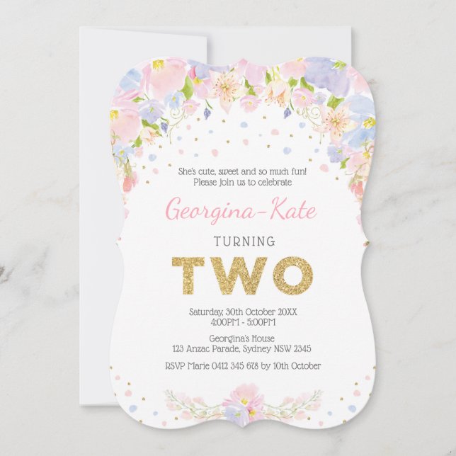 Pastel Floral 2nd Birthday Invite Pink Purple Gold (Front)