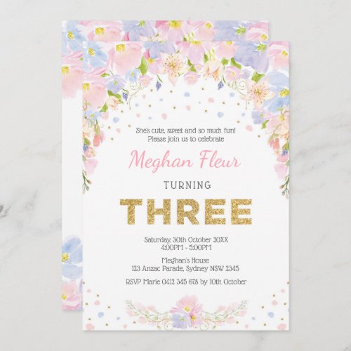 Pastel Floral 3rd Birthday Invite Pink Purple Gold