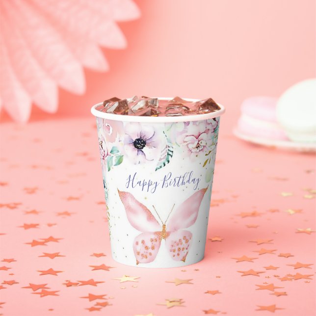 Pastel floral and butterfly baby birthday party paper cups (Insitu)