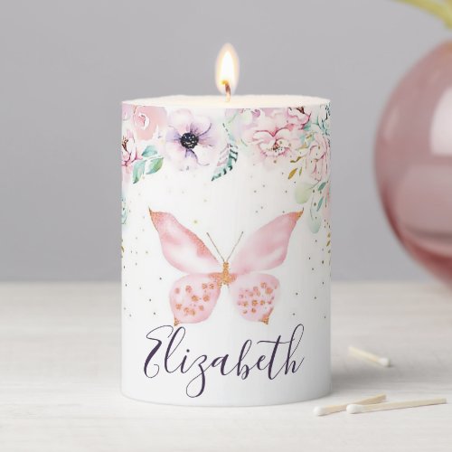 Pastel floral and butterfly baby  pillar candle