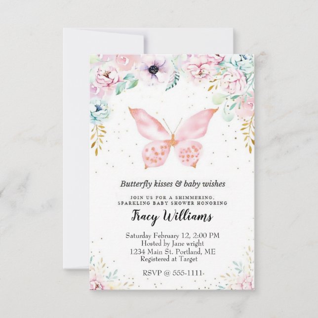 Pastel floral and butterfly baby shower invitation (Front)