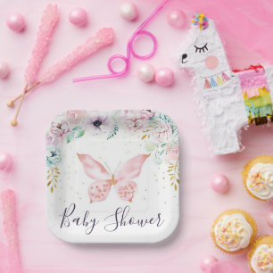 Pastel floral and butterfly baby shower  paper pla plates