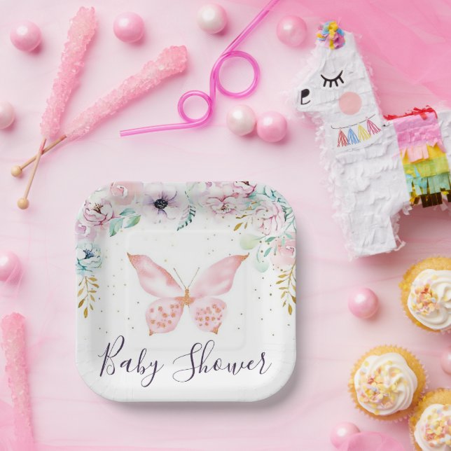 Pastel floral and butterfly baby shower  paper pla plates (Party)