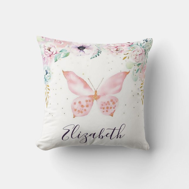 Pastel floral and butterfly personalized throw pillow (Front)