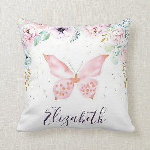Pastel floral and butterfly personalized throw pillow