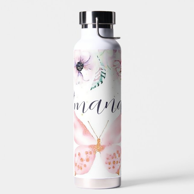 Pastel floral and butterfly personalized water bottle (Left)