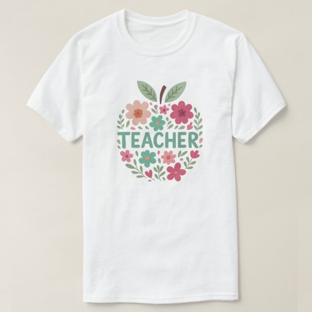 Pastel Floral Apple Teacher Design T-Shirt (Design Front)