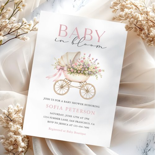 Pastel Floral Baby Carriage Girl Baby Shower Invitation