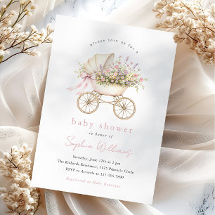 Pastel Floral Baby Carriage Girl Baby Shower Invitation