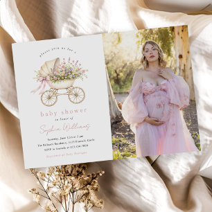 Pastel Floral Baby Carriage Girl Baby Shower Photo Invitation