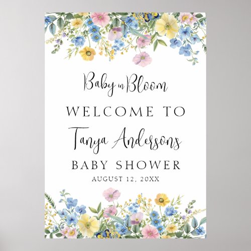 Pastel Floral Baby in Bloom Watercolor Welcome Poster