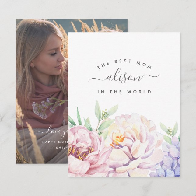 Pastel Floral Best Mom Personalized Photo Card (Front/Back)