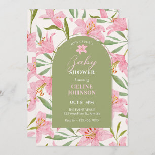 Pastel floral bloom lily pink green baby shower invitation
