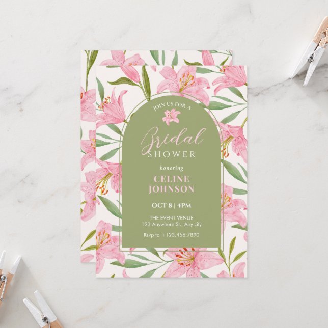 Pastel floral bloom lily pink green bridal shower invitation (Front/Back In Situ)