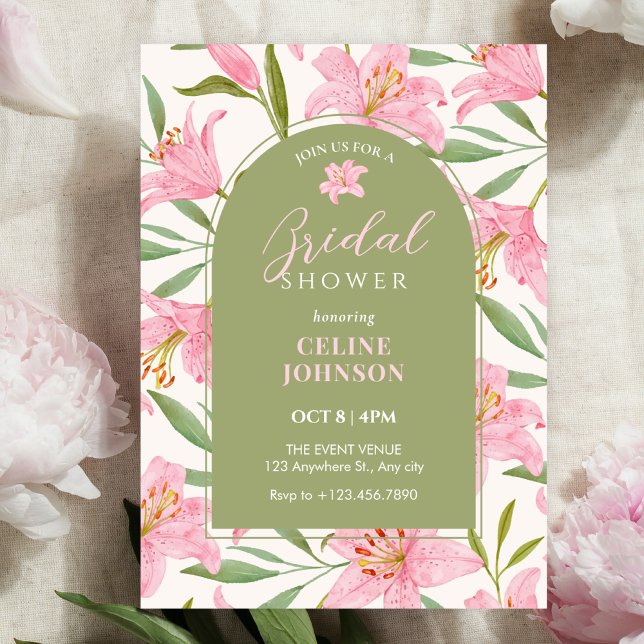 Pastel floral bloom lily pink green bridal shower invitation (Creator Uploaded)