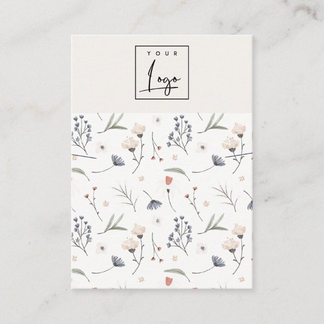 Pastel Floral Blue Rust Logo Necklace Band Holder Business Card (Front)