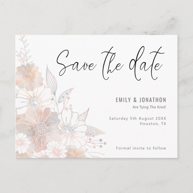 Pastel Floral Blush Gray Wedding Save The Date Postcard (Front)