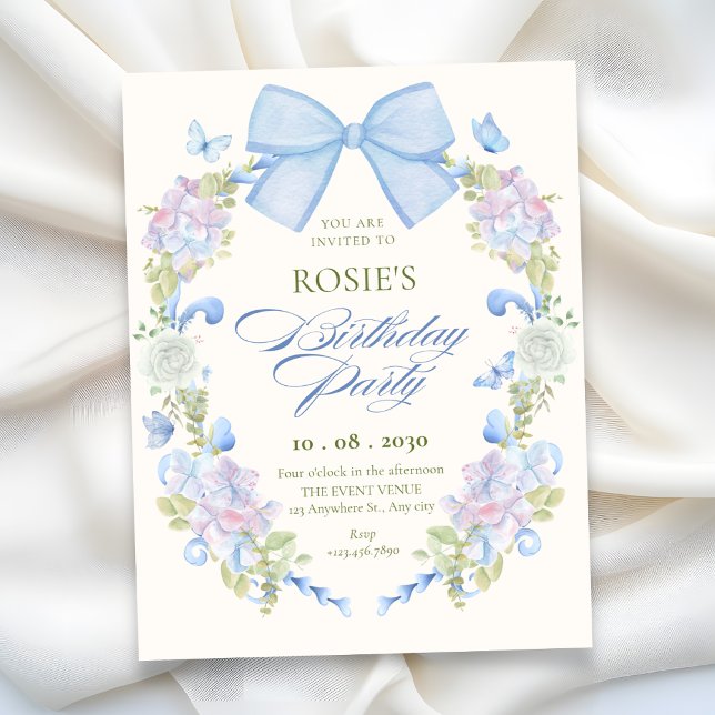 Pastel floral bow birthday invitation (Creator Uploaded)