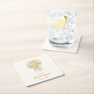 Pastel Floral Bridal Shower bouquet Square Paper Coaster