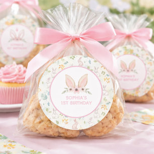 Pastel Floral Bunny Ears Girls 1st Birthday Favor Classic Round Sticker