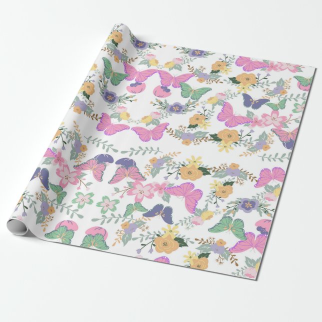 Pastel Floral Butterflies Gift Wrap (Unrolled)