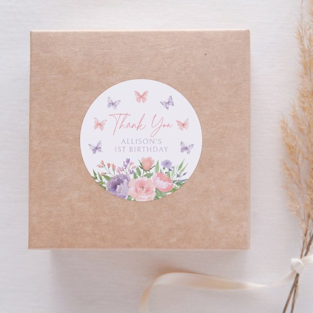 Pastel Floral Butterfly Birthday Classic Round Sticker (Creator Uploaded)