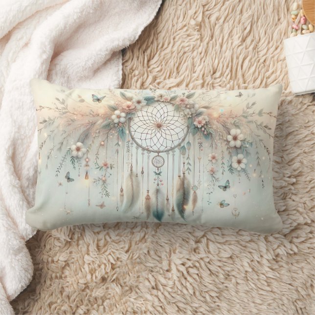 Pastel Floral Butterfly Dreamcatcher Lumbar Pillow (Blanket)