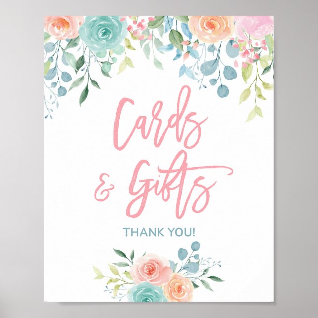 Pastel Floral Cards & Gifts Party Table Sign (Front)