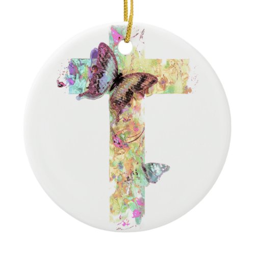 Pastel floral cross and butterflies ceramic ornament
