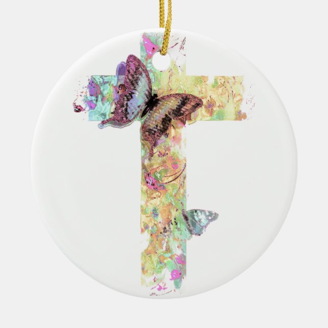 Pastel floral cross and butterflies ceramic ornament (Front)