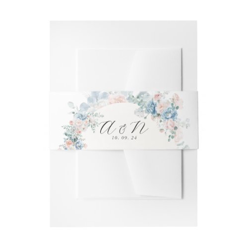 Pastel Floral Dusty Blue Peach Monogram Wedding Invitation Belly Band