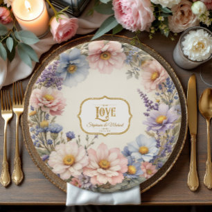 Pastel Floral Elegant Watercolor Pink Blue n Gold Paper Plates
