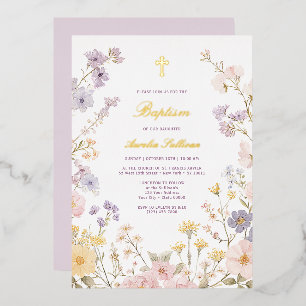 Pastel Floral Frame Baptism Foil Invitation