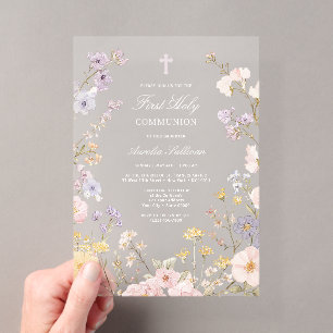 Pastel Floral Frame First Holy Communion Acrylic Invitations