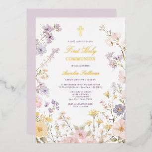 Pastel Floral Frame First Holy Communion Foil Invitation